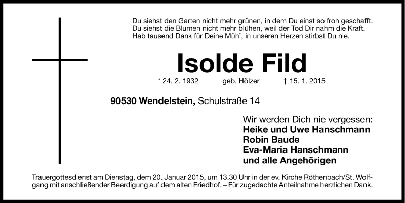  Traueranzeige für Isolde Fild vom 17.01.2015 aus Gesamtausgabe Nürnberger Nachrichten/ Nürnberger Ztg.