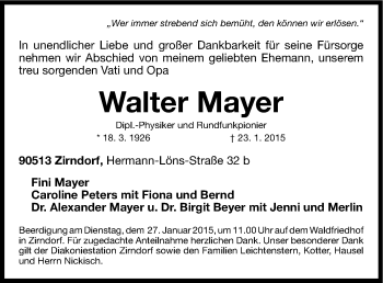 Traueranzeige von Walter Mayer von Gesamtausgabe Nürnberger Nachrichten/ Nürnberger Ztg.