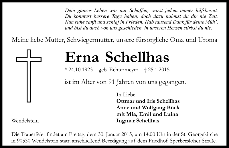  Traueranzeige für Erna Schellhas vom 28.01.2015 aus Gesamtausgabe Nürnberger Nachrichten/ Nürnberger Ztg.
