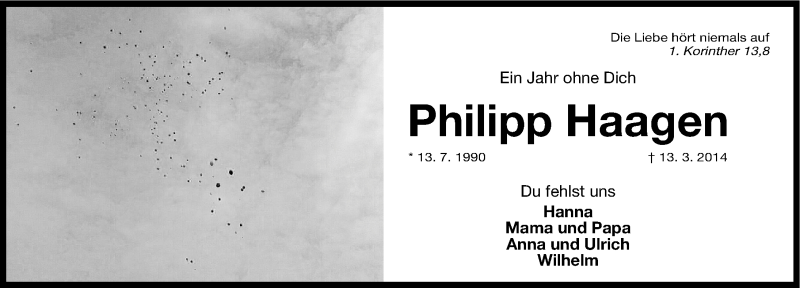  Traueranzeige für Philipp Haagen vom 13.03.2015 aus Erlanger Nachrichten Lokal