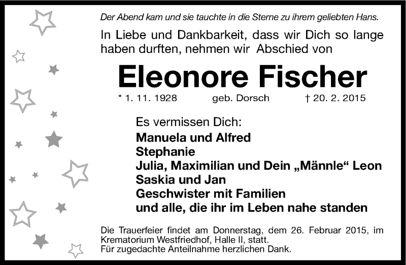  Traueranzeige für Eleonore Fischer vom 21.02.2015 aus Gesamtausgabe Nürnberger Nachrichten/ Nürnberger Ztg.