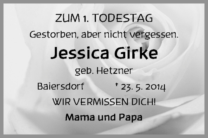  Traueranzeige für Jessica Girke vom 23.05.2015 aus Erlanger Nachrichten Lokal