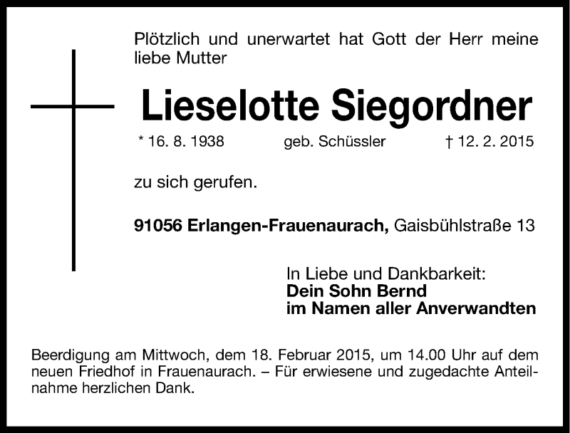  Traueranzeige für Lieselotte Siegordner vom 14.02.2015 aus Erlanger Nachrichten Lokal