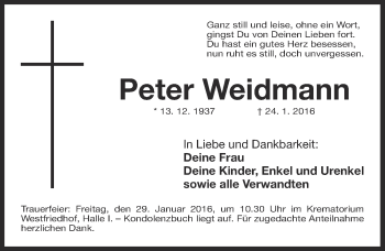 Traueranzeige von Peter Weidmann von Gesamtausgabe Nürnberger Nachrichten/ Nürnberger Ztg.