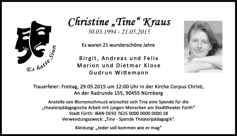  Traueranzeige für Christine  Kraus vom 23.05.2015 aus Gesamtausgabe Nürnberger Nachrichten/ Nürnberger Ztg.