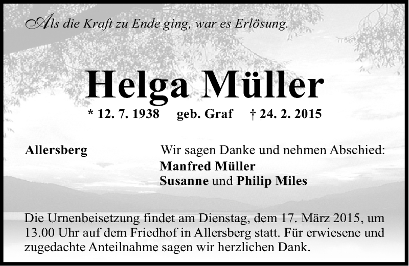  Traueranzeige für Helga Müller vom 13.03.2015 aus Roth-Hilpoltsteiner Volkszeitung Lokal