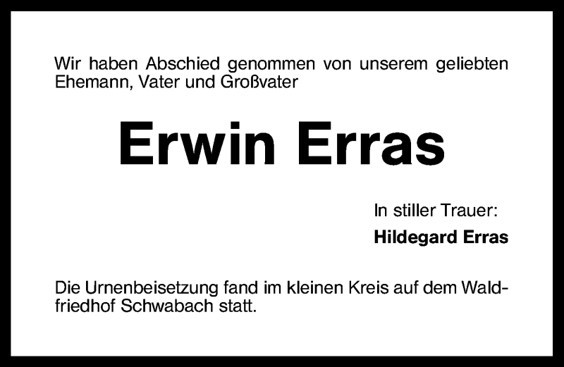  Traueranzeige für Erwin Erras vom 18.04.2015 aus Schwabach