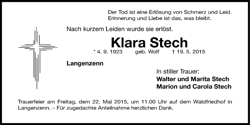  Traueranzeige für Klara Stech vom 21.05.2015 aus Fürther Nachrichten Lokal