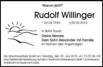 Traueranzeige von Rudolf Willinger von Gesamtausgabe Nürnberger Nachrichten/ Nürnberger Ztg.