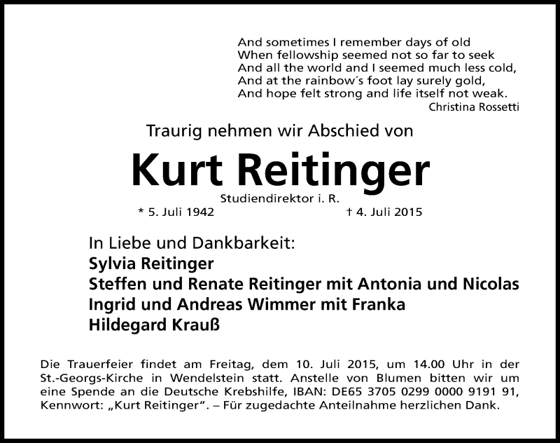  Traueranzeige für Kurt Reitinger vom 08.07.2015 aus Gesamtausgabe Nürnberger Nachrichten/ Nürnberger Ztg.