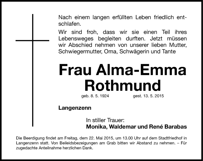  Traueranzeige für Alma-Emma Rothmund vom 20.05.2015 aus Gesamtausgabe Nürnberger Nachrichten/ Nürnberger Ztg./ Fürther Nachrichten