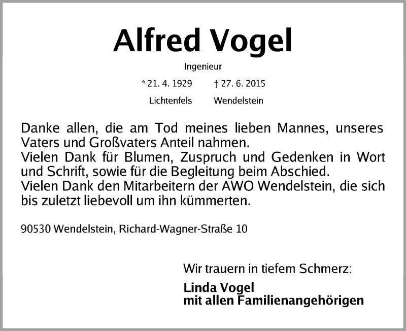  Traueranzeige für Alfred Vogel vom 11.07.2015 aus Schwabach