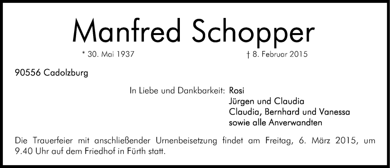  Traueranzeige für Manfred Schopper vom 03.03.2015 aus Fürther Nachrichten Lokal