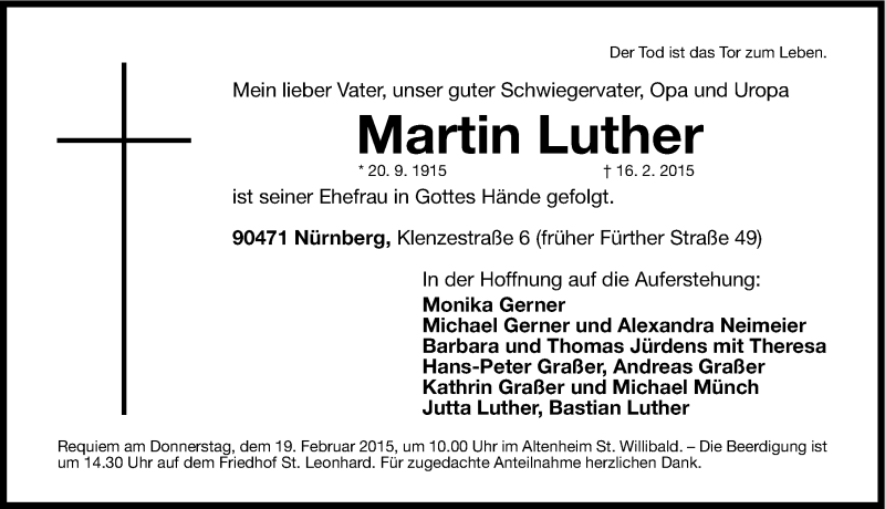  Traueranzeige für Martin Luther vom 17.02.2015 aus Gesamtausgabe Nürnberger Nachrichten/ Nürnberger Ztg.