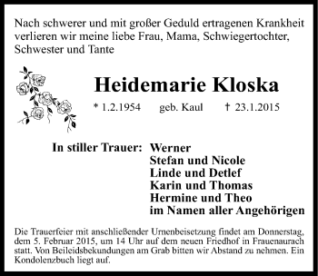 Traueranzeige von Heidemarie Kloska von Erlanger Nachrichten Lokal