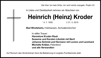 Traueranzeige von Heinrich Kroder von Gesamtausgabe Nürnberger Nachrichten/ Nürnberger Ztg.