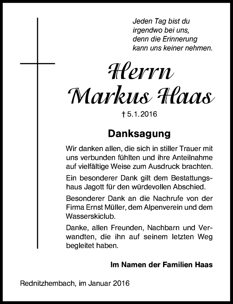  Traueranzeige für Markus Haas vom 30.01.2016 aus Schwabach
