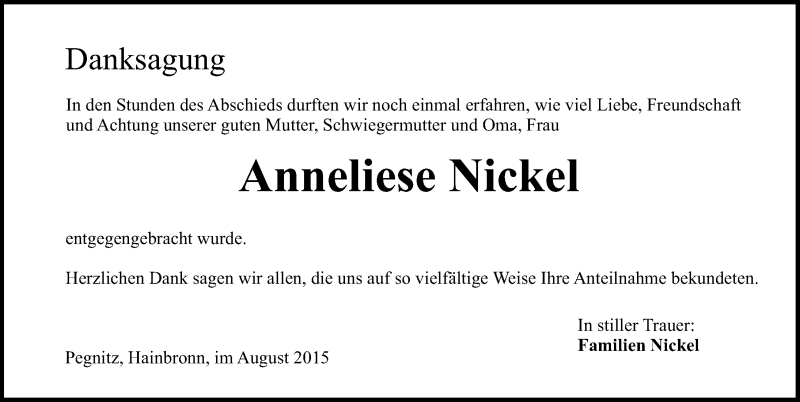  Traueranzeige für Anneliese Nickel vom 15.08.2015 aus Nordbayerische Nachrichten Pegnitz Lokal