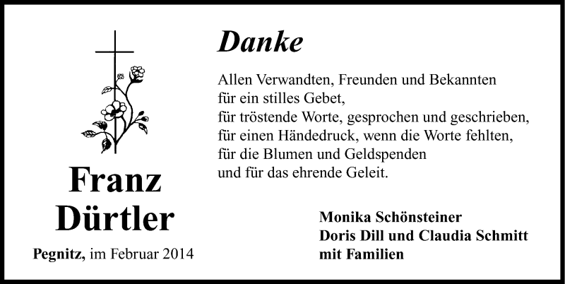  Traueranzeige für Franz Dürtler vom 01.03.2014 aus Nordbayerische Nachrichten Pegnitz Lokal