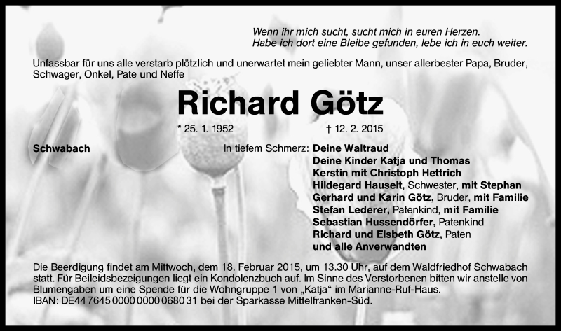  Traueranzeige für Richard Götz vom 14.02.2015 aus Schwabach