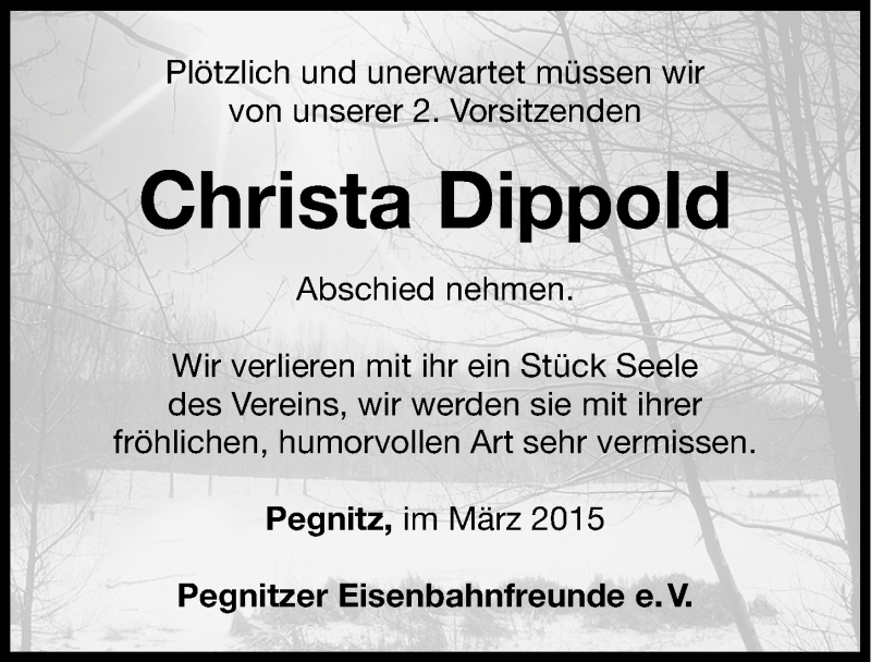  Traueranzeige für Christa Dippold vom 06.03.2015 aus Nordbayerische Nachrichten Pegnitz Lokal