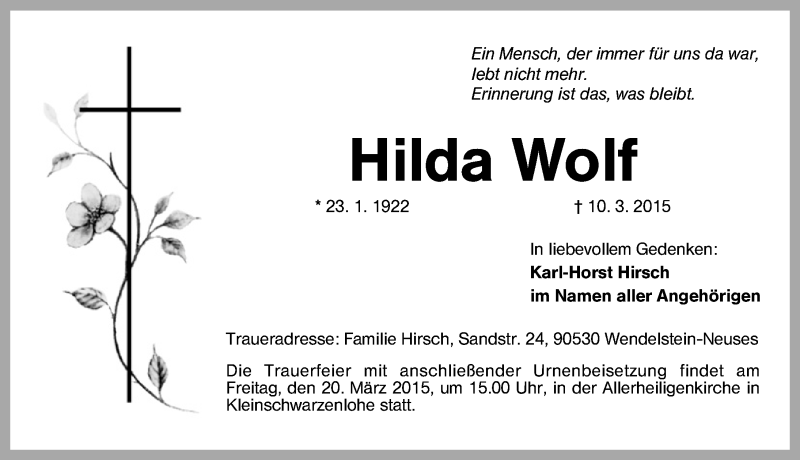 Traueranzeigen von Hilda Wolf | trauer.nn.de