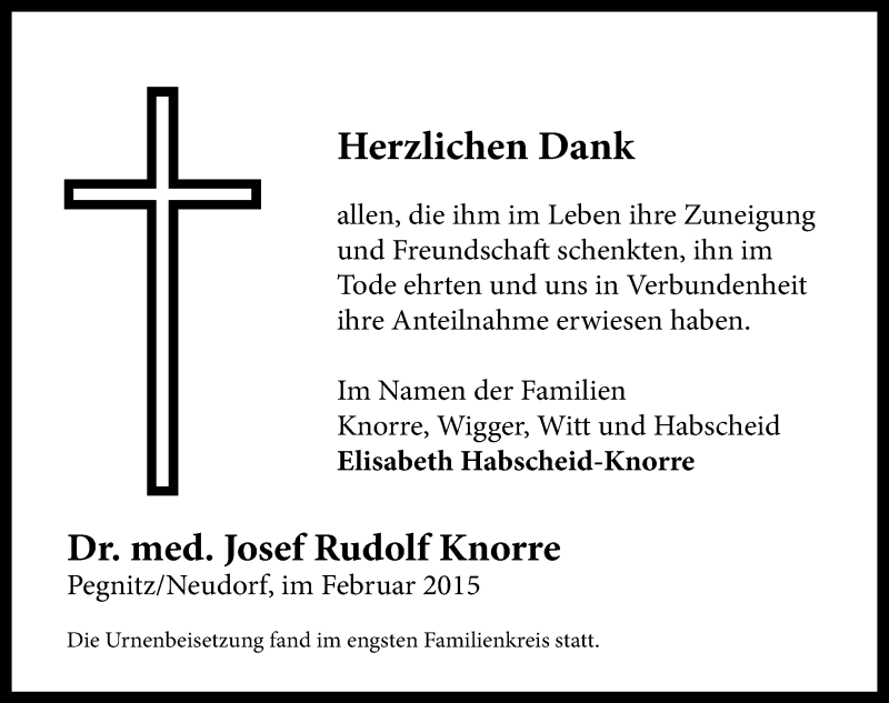  Traueranzeige für Josef Rudolf Knorre  vom 07.02.2015 aus Nordbayerische Nachrichten Pegnitz Lokal