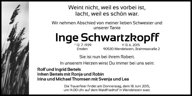  Traueranzeige für Inge Schwartzkopff vom 17.06.2015 aus Gesamtausgabe Nürnberger Nachrichten/ Nürnberger Ztg.