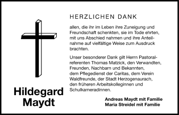 Traueranzeige von Hildegard Maydt von Nordbayerische Nachrichten Herzogenaurach Lokal