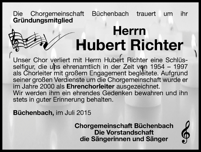  Traueranzeige für Hubert Richter vom 24.07.2015 aus Nordbayerische Nachrichten Pegnitz Lokal