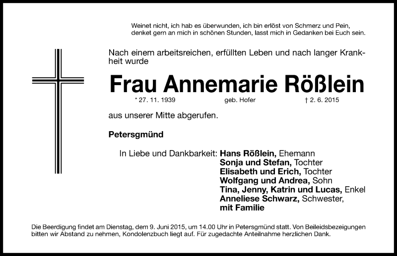  Traueranzeige für Annemarie Rößlein vom 06.06.2015 aus Roth-Hilpoltsteiner Volkszeitung Lokal