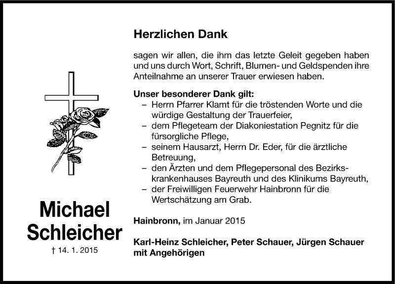  Traueranzeige für Michael Schleicher vom 24.01.2015 aus Nordbayerische Nachrichten Pegnitz Lokal