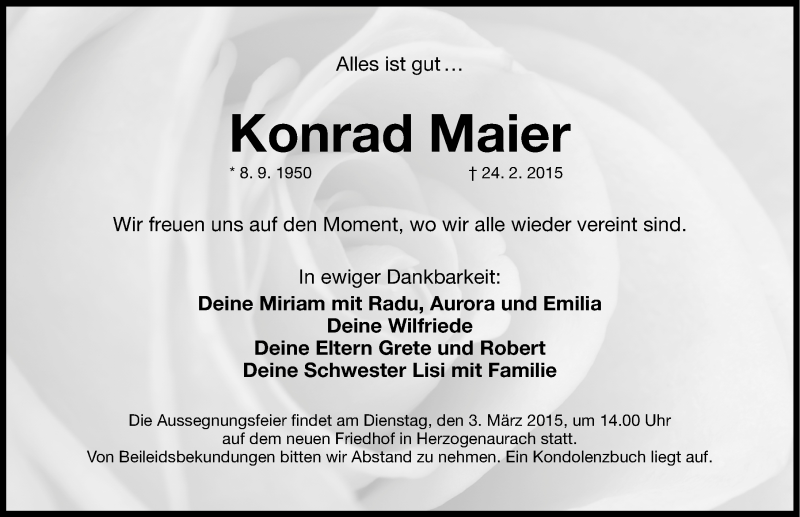  Traueranzeige für Konrad Maier vom 26.02.2015 aus Nordbayerische Nachrichten Herzogenaurach Lokal