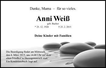 Traueranzeige von Anni Weiß von Nordbayerische Nachrichten Herzogenaurach Lokal