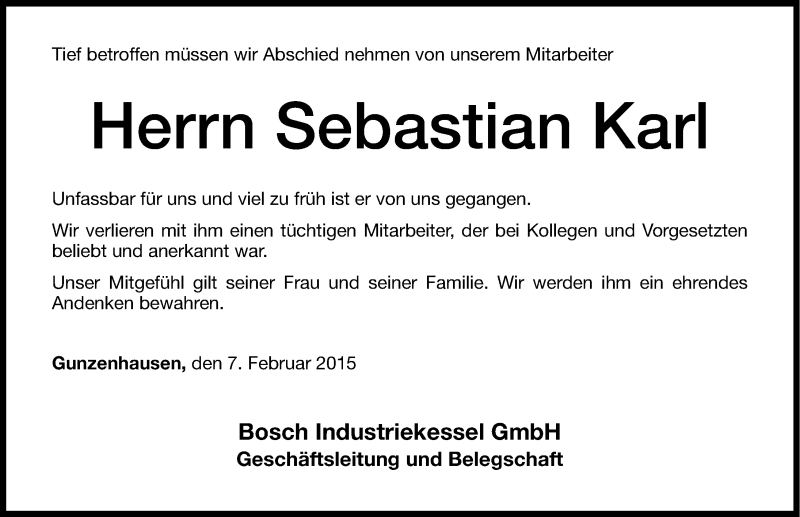  Traueranzeige für Sebastian Karl vom 07.02.2015 aus Altmühl-Bote Lokal