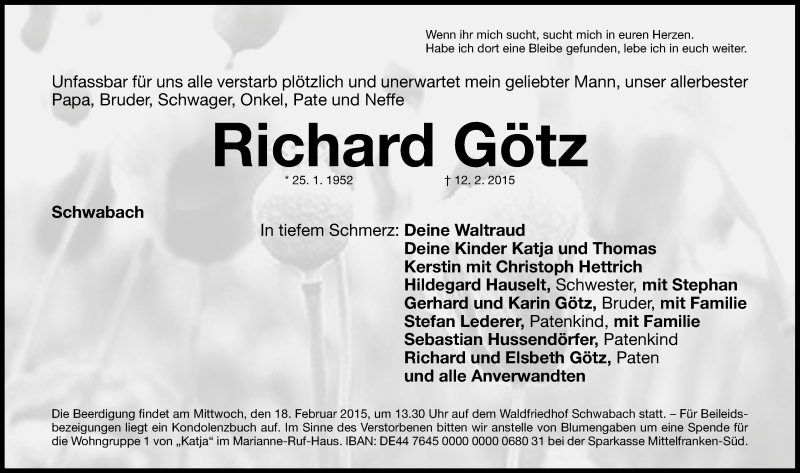  Traueranzeige für Richard Götz vom 14.02.2015 aus Roth-Hilpoltsteiner Volkszeitung Lokal