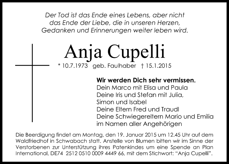  Traueranzeige für Anja Cupelli vom 17.01.2015 aus Schwabach