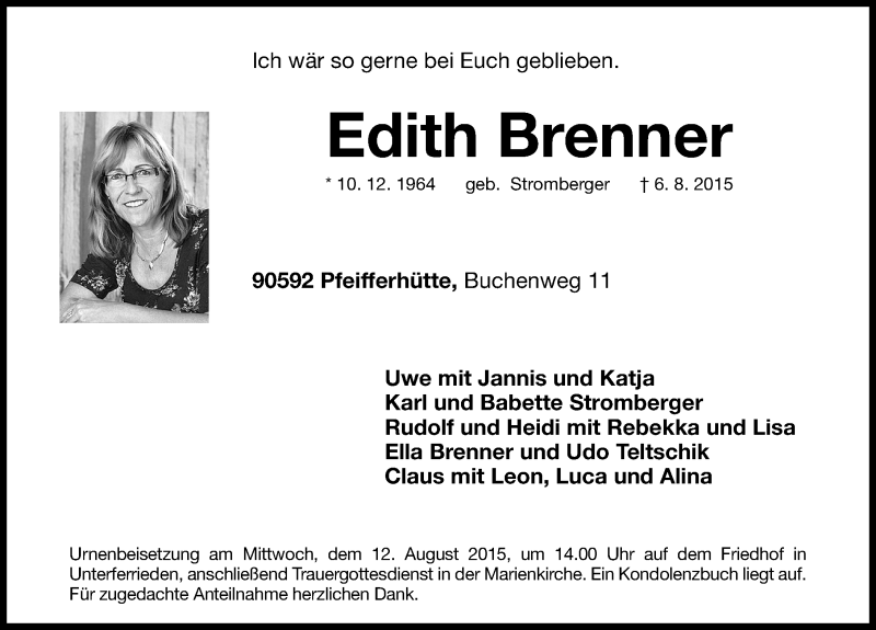  Traueranzeige für Edith Brenner vom 08.08.2015 aus Roth-Hilpoltsteiner Volkszeitung Lokal