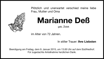 Traueranzeige von Marianne Deß von Gesamtausgabe Nürnberger Nachrichten/ Nürnberger Ztg.