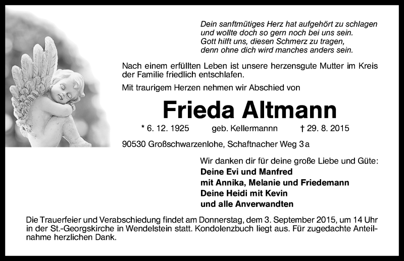  Traueranzeige für Frieda Altmann vom 01.09.2015 aus Schwabach