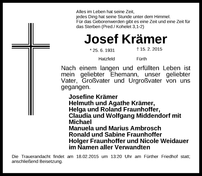 Traueranzeige für Josef Krämer vom 17.02.2015 aus Fürther Nachrichten Lokal