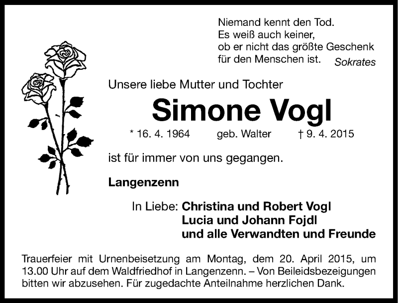  Traueranzeige für Simone Vogl vom 15.04.2015 aus Fürther Nachrichten Lokal