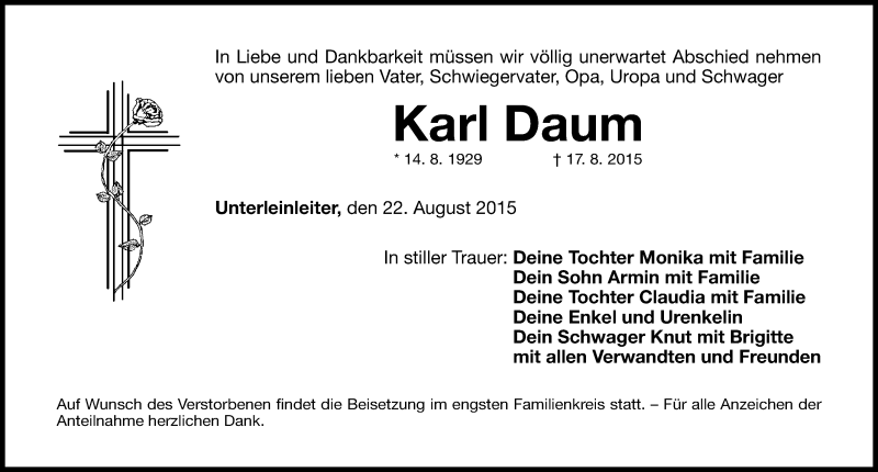  Traueranzeige für Karl Daum vom 22.08.2015 aus Nordbayerische Nachrichten Forchheim Lokal