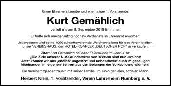 Traueranzeige von Kurt Gemählich von Gesamtausgabe Nürnberger Nachrichten/ Nürnberger Ztg.