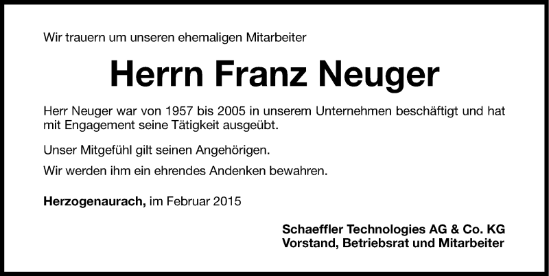 Traueranzeige für Franz Neuger vom 05.02.2015 aus Nordbayerische Nachrichten Herzogenaurach Lokal