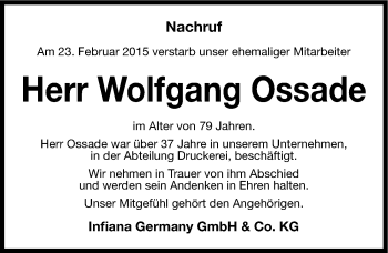 Traueranzeige von Wolfgang Ossade von Nordbayerische Nachrichten Forchheim Lokal