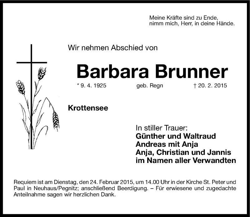  Traueranzeige für Barbara Brunner vom 23.02.2015 aus Nordbayerische Nachrichten Pegnitz Lokal