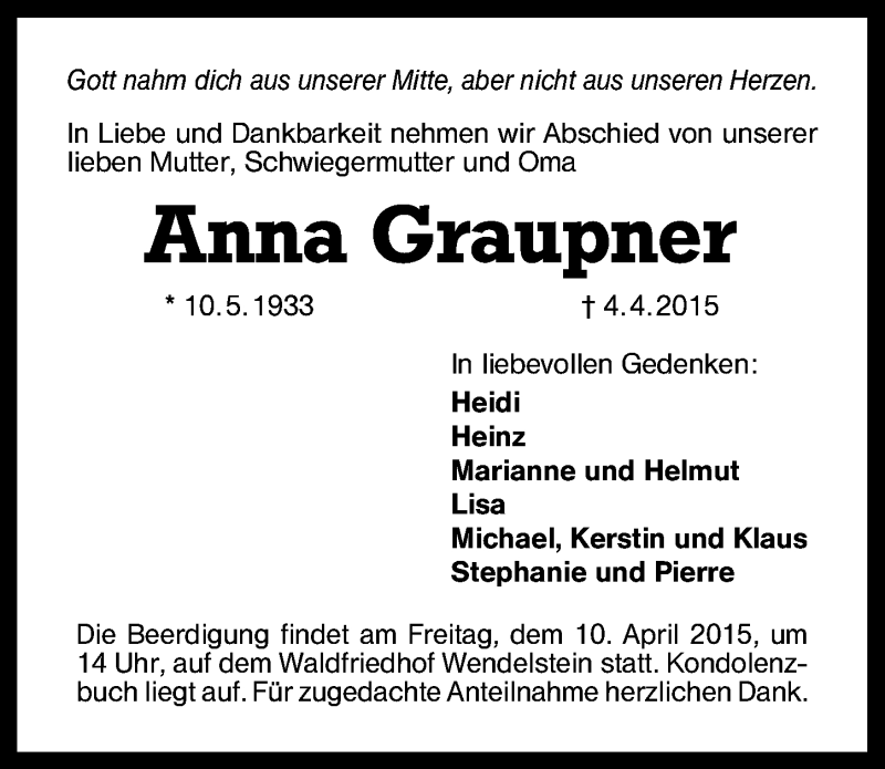  Traueranzeige für Anna Graupner vom 08.04.2015 aus Schwabach