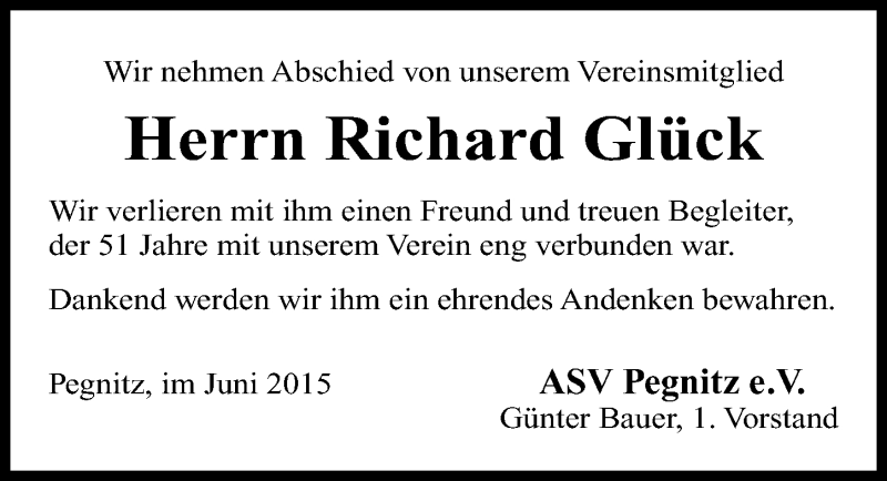  Traueranzeige für Richard Glück vom 10.06.2015 aus Nordbayerische Nachrichten Pegnitz Lokal
