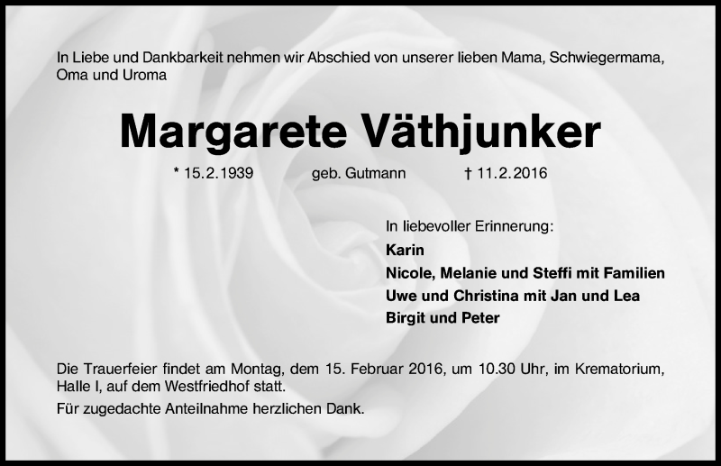  Traueranzeige für Margarete Väthjunker vom 13.02.2016 aus Schwabach